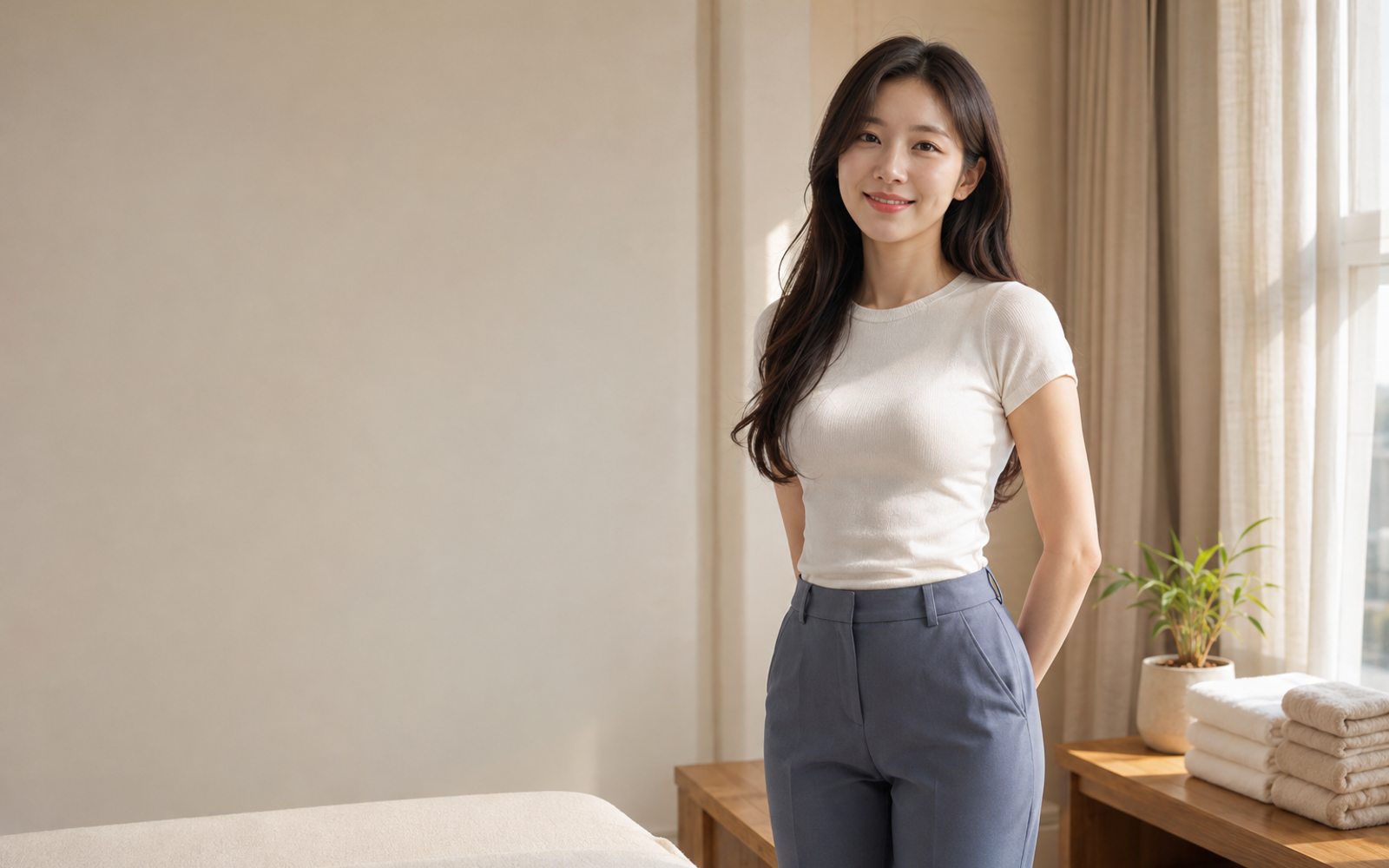 파주 방문 홈케어를 안내하는 젊은 성인 한국 여성 관리사